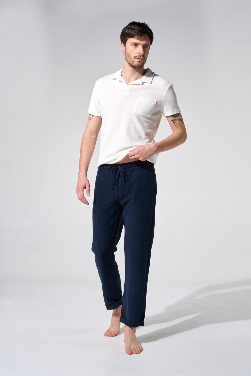 Pantalon lin homme bleu marine