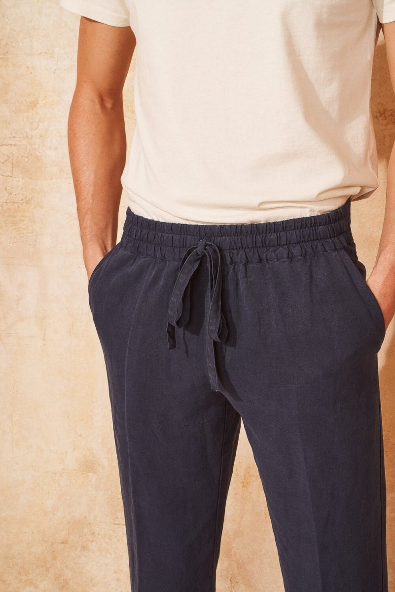 Pantalon lin homme bleu marine