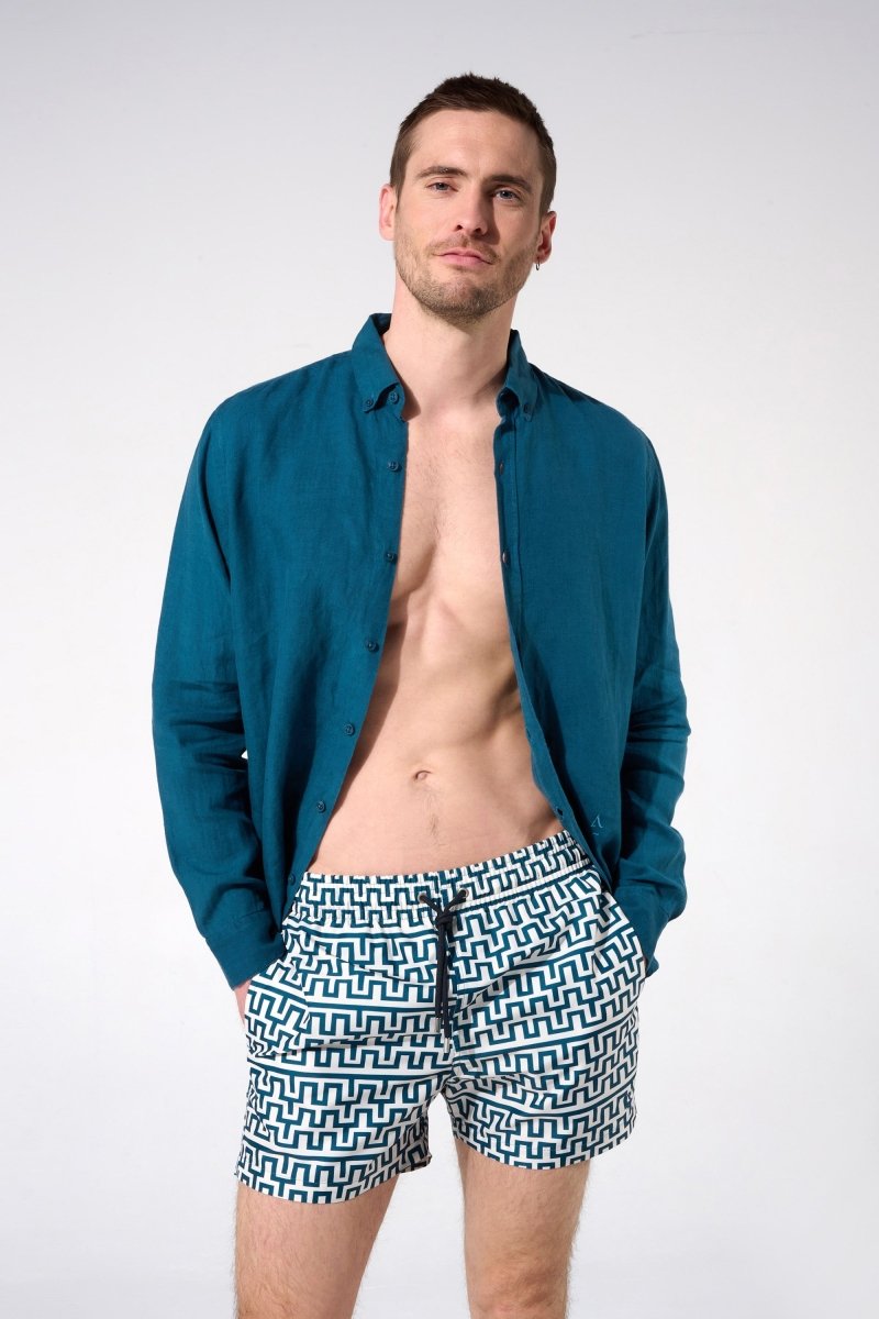 short de bain motifs bleu et blanc