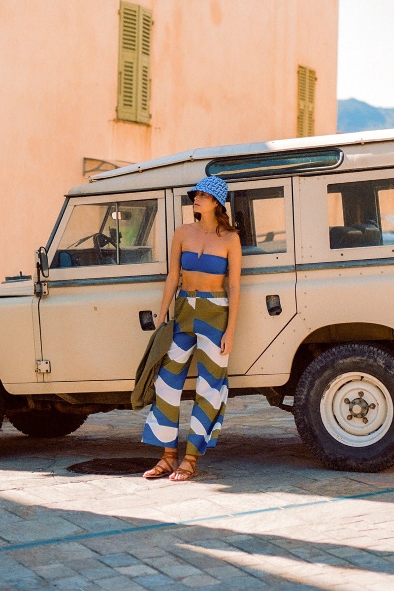Pantalon femme bleu kaki blanc